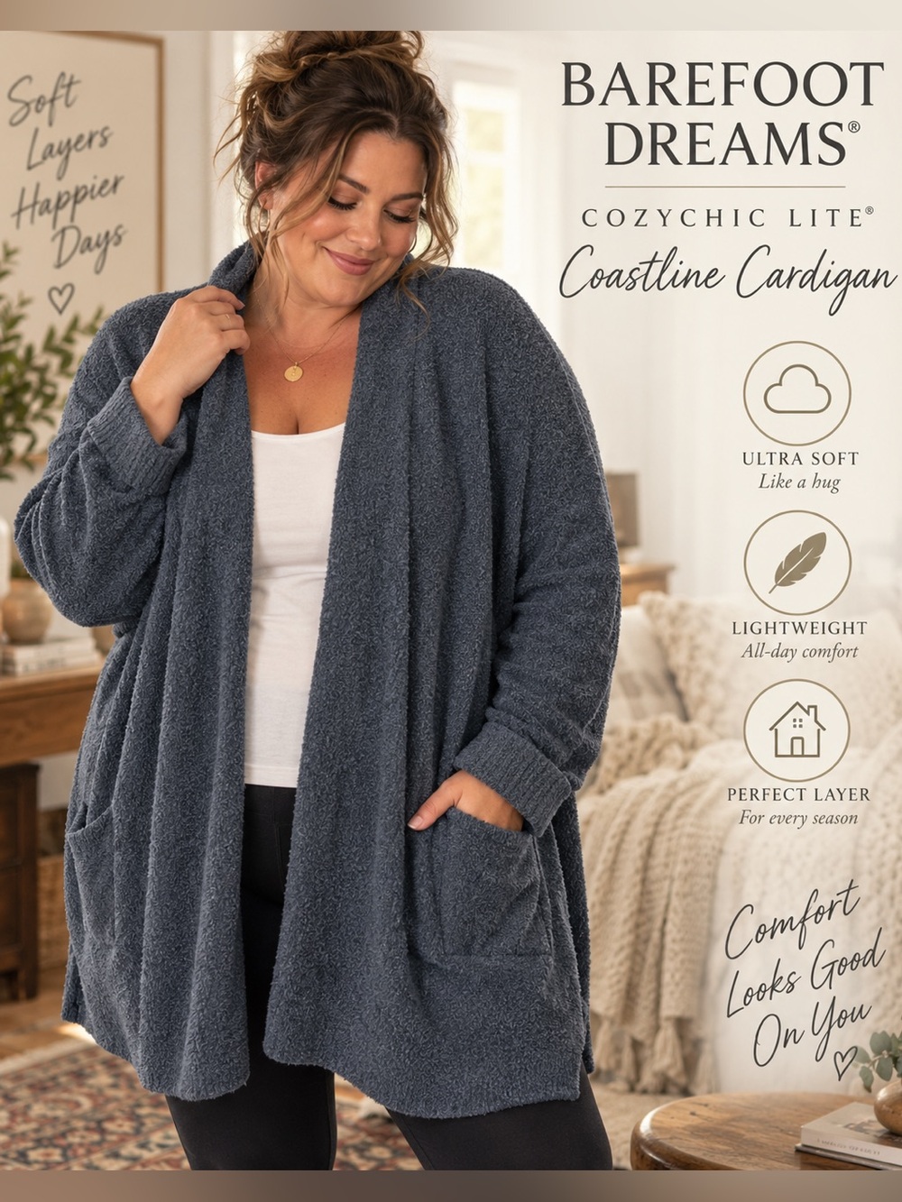 Barefoot Dreams CozyChic Lite Coastline Cardigan Smokey Blue 3X NWT